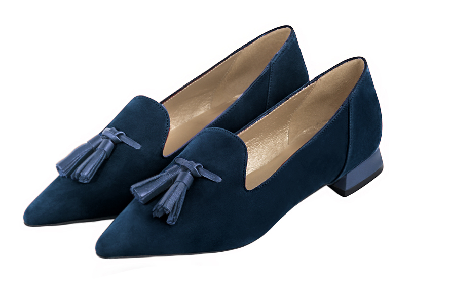 Navy blue women's loafers with pompons. Pointed toe. Flat flare heels - Florence KOOIJMAN